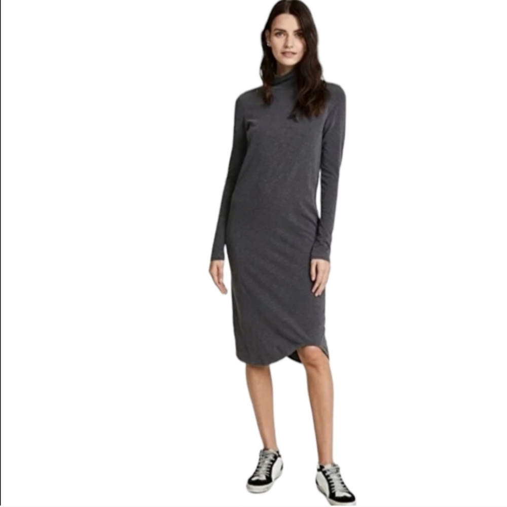 SUNDRY Heathered Gray Minimalist Mockneck Midi Cotton Longsleeve Dress USA